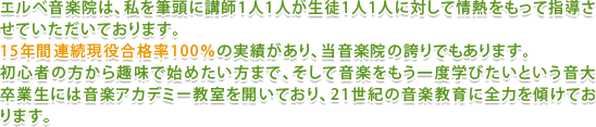 エルベ音楽院は、私を筆頭に講師1人1人が生徒1人1人に対して情熱をもって指導させていただいております。15年間連続現役合格率100%の実績があり、当音楽院の誇りでもあります。初心者の方から趣味で始めたい方まで、そして音楽をもう一度学びたいという音大卒業生には音楽アカデミー教室を開いており、21世紀の音楽教育に全力を傾けております。